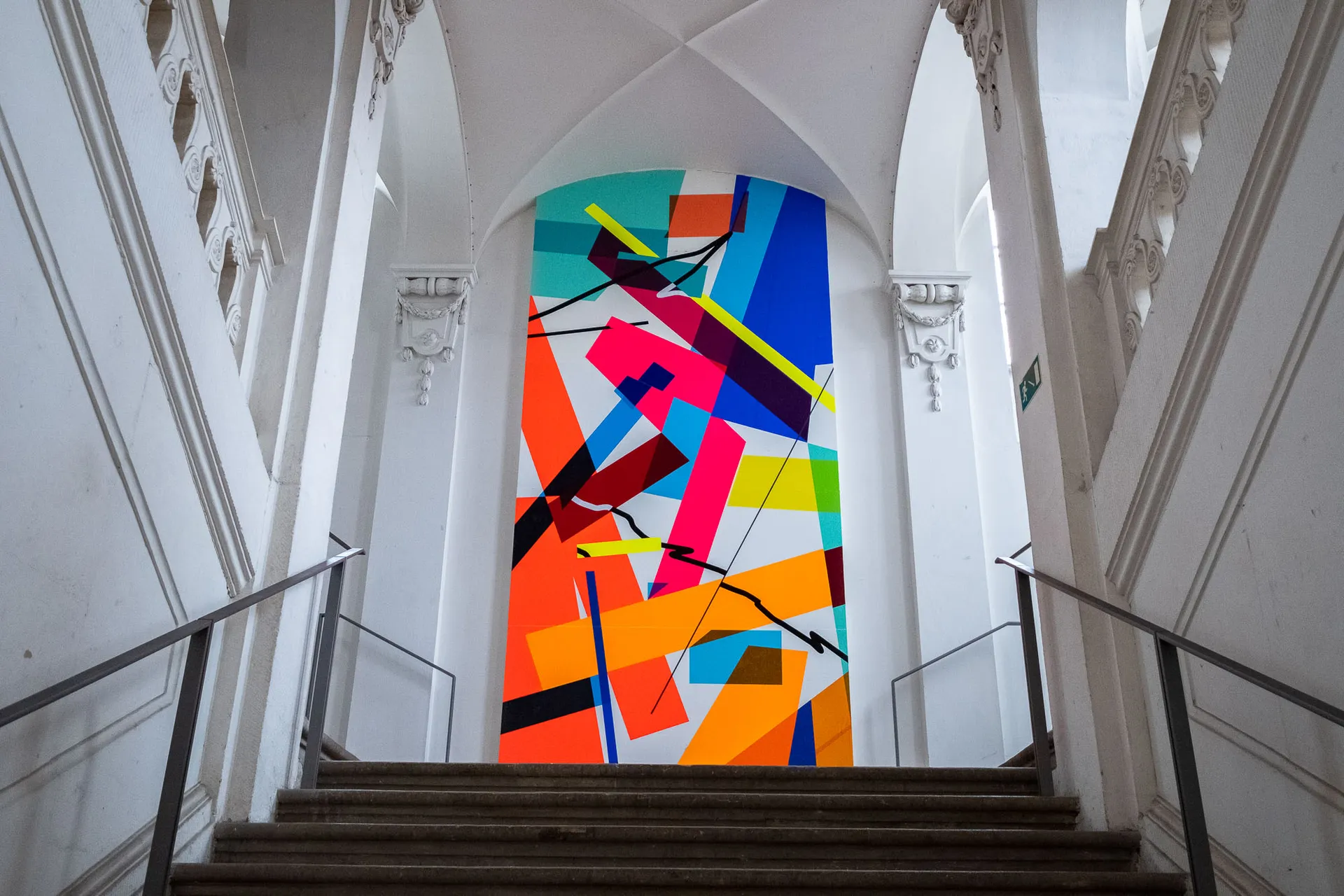 Japanisches Palais — colorful tape mural in historic staircase, Dresden