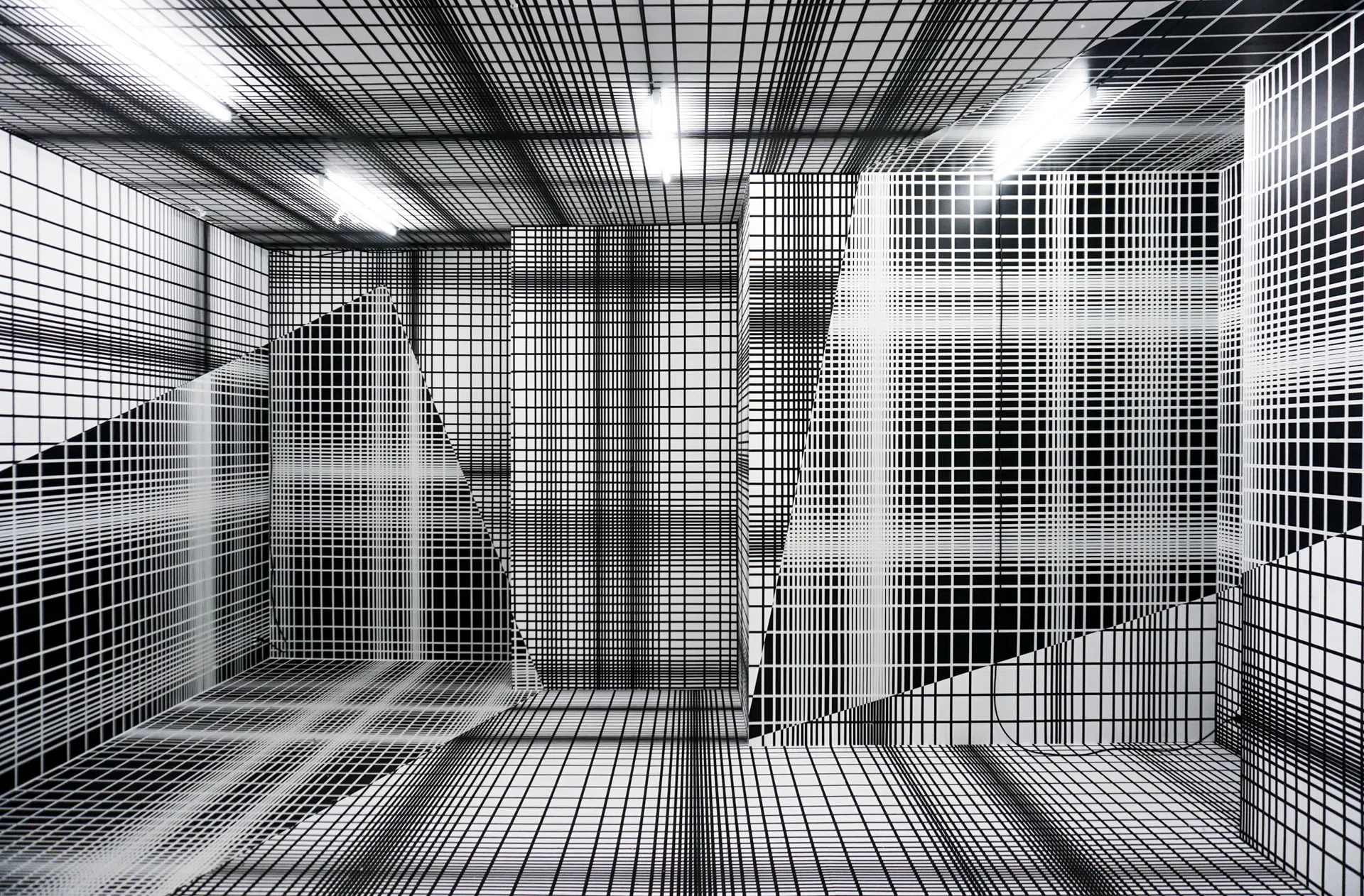 RSA Grid Room — immersive black and white tape grid installation