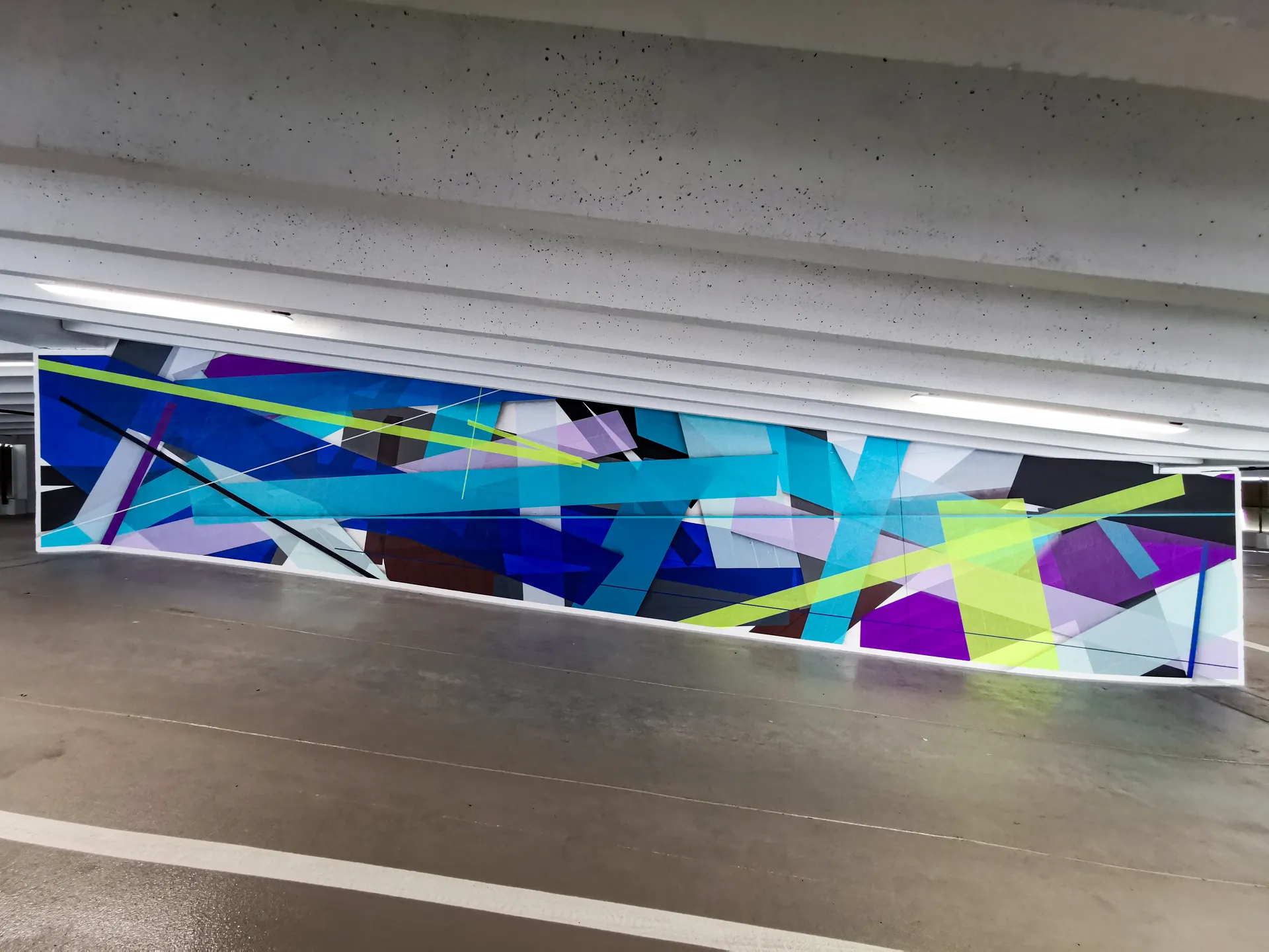 Parkhaus Mural — abstract tape art in parking garage