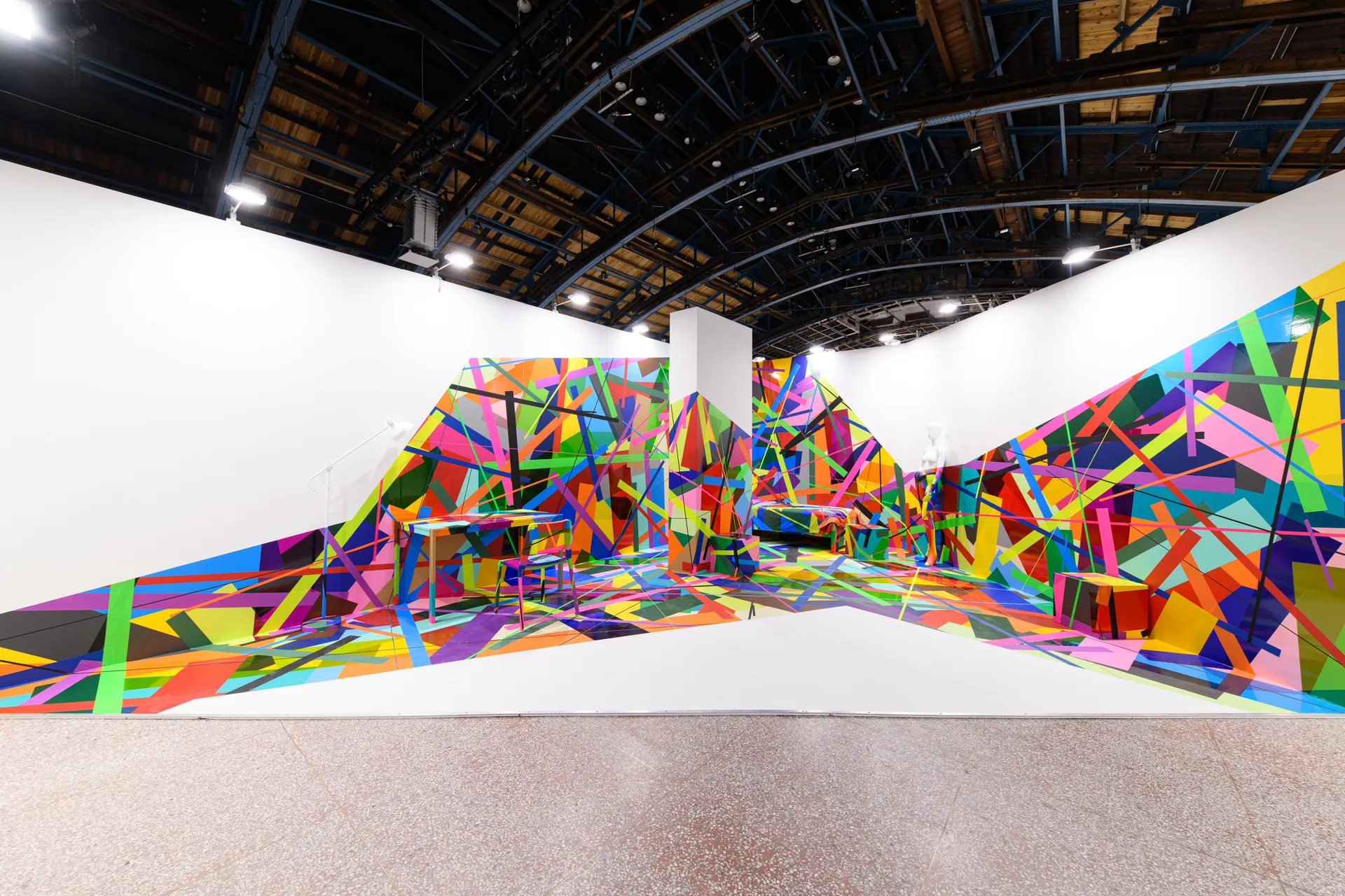 Tape Splash — immersive room installation with colorful tape